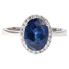 3ct Natürlicher Ovaler Blauer Saphir & Diamant Halo Verlobungsring -18K Weißgold