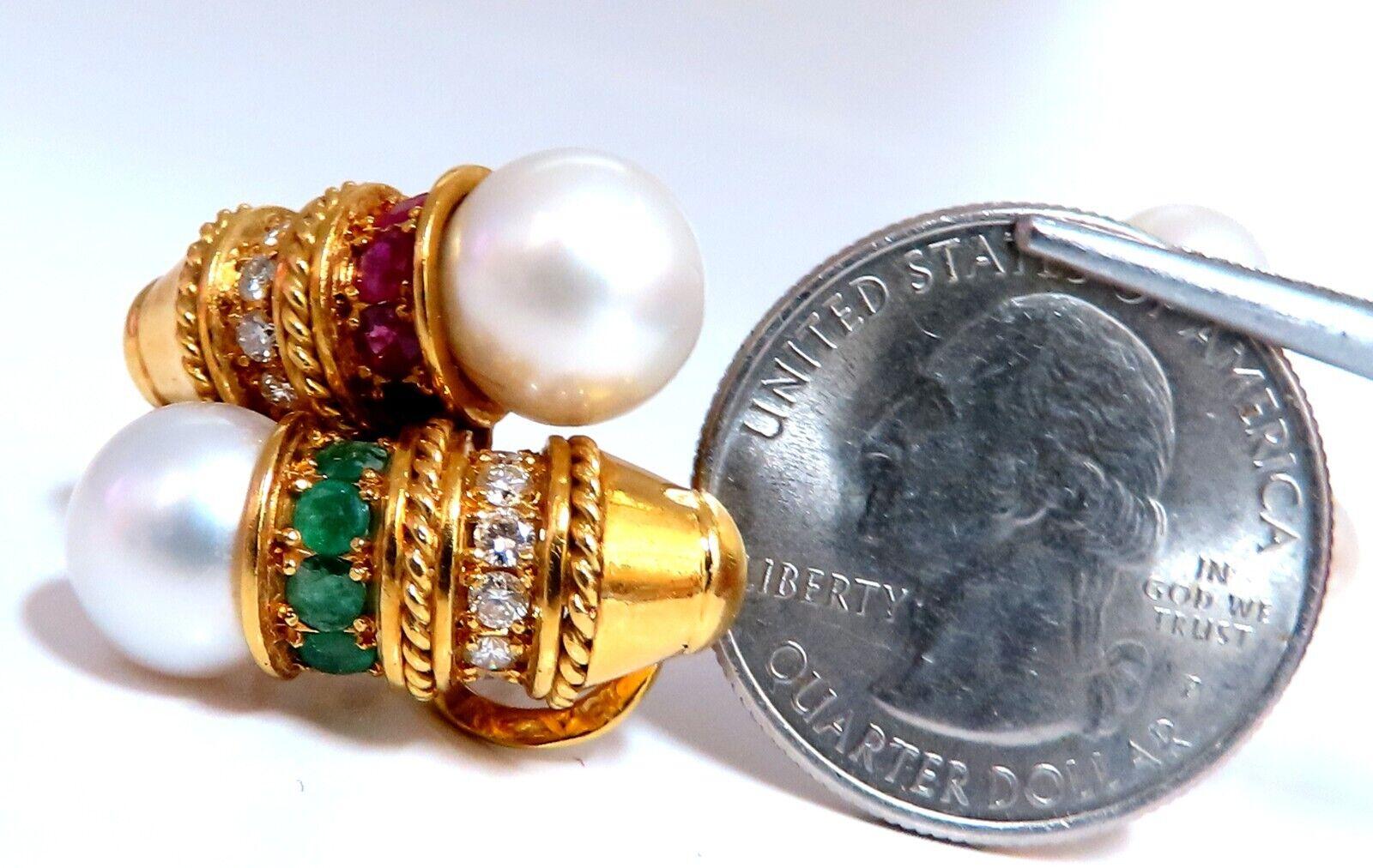 3 Carat Natural Ruby Emerald Sapphire Pearl Clip Earrings 18 Karat For Sale 1