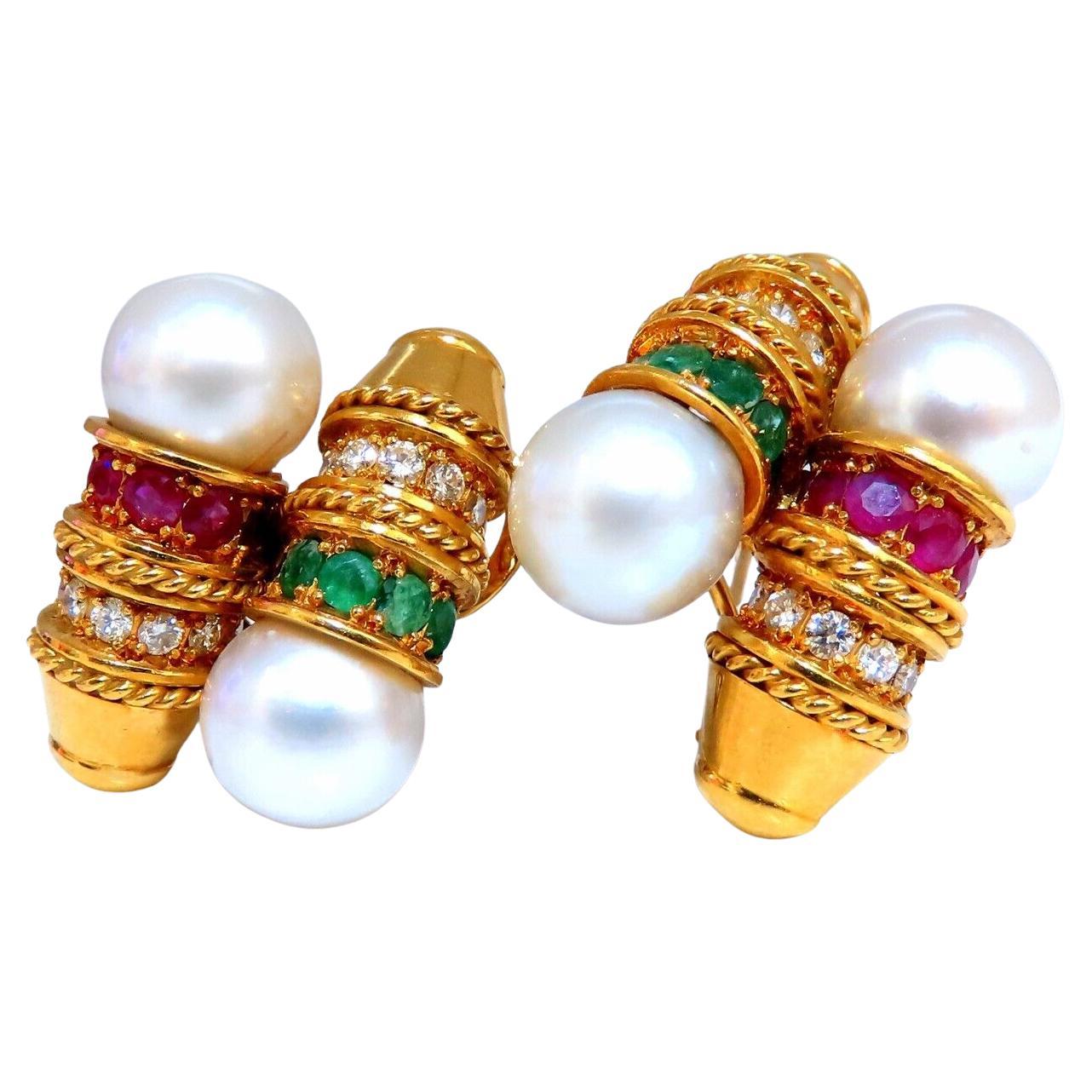 3 Carat Natural Ruby Emerald Sapphire Pearl Clip Earrings 18 Karat