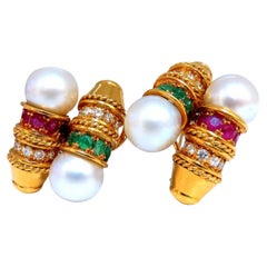 3 Carat Natural Ruby Emerald Sapphire Pearl Clip Earrings 18 Karat