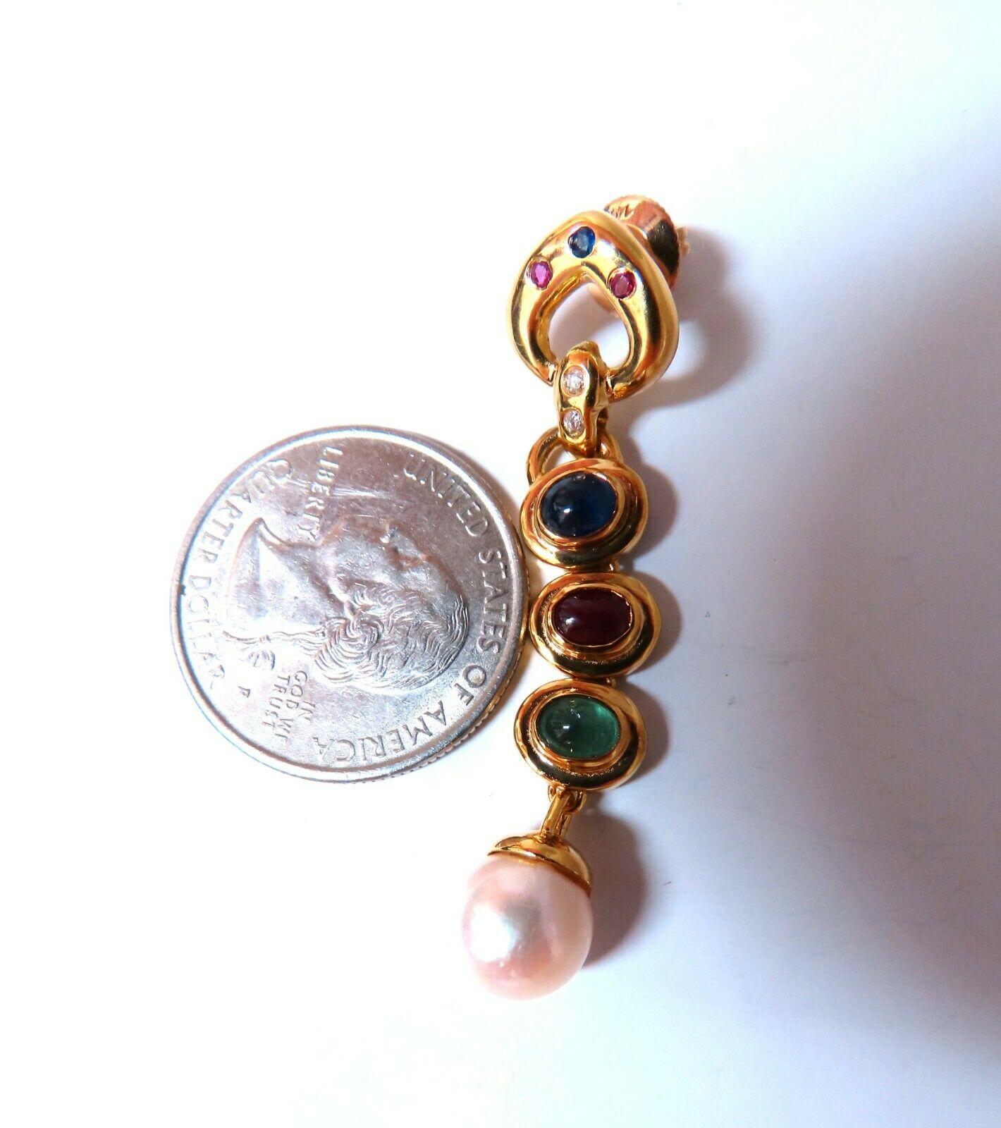 Pendants d'oreilles en or 14 carats avec rubis naturel, émeraude, saphir et perle de 3 carats Neuf - En vente à New York, NY