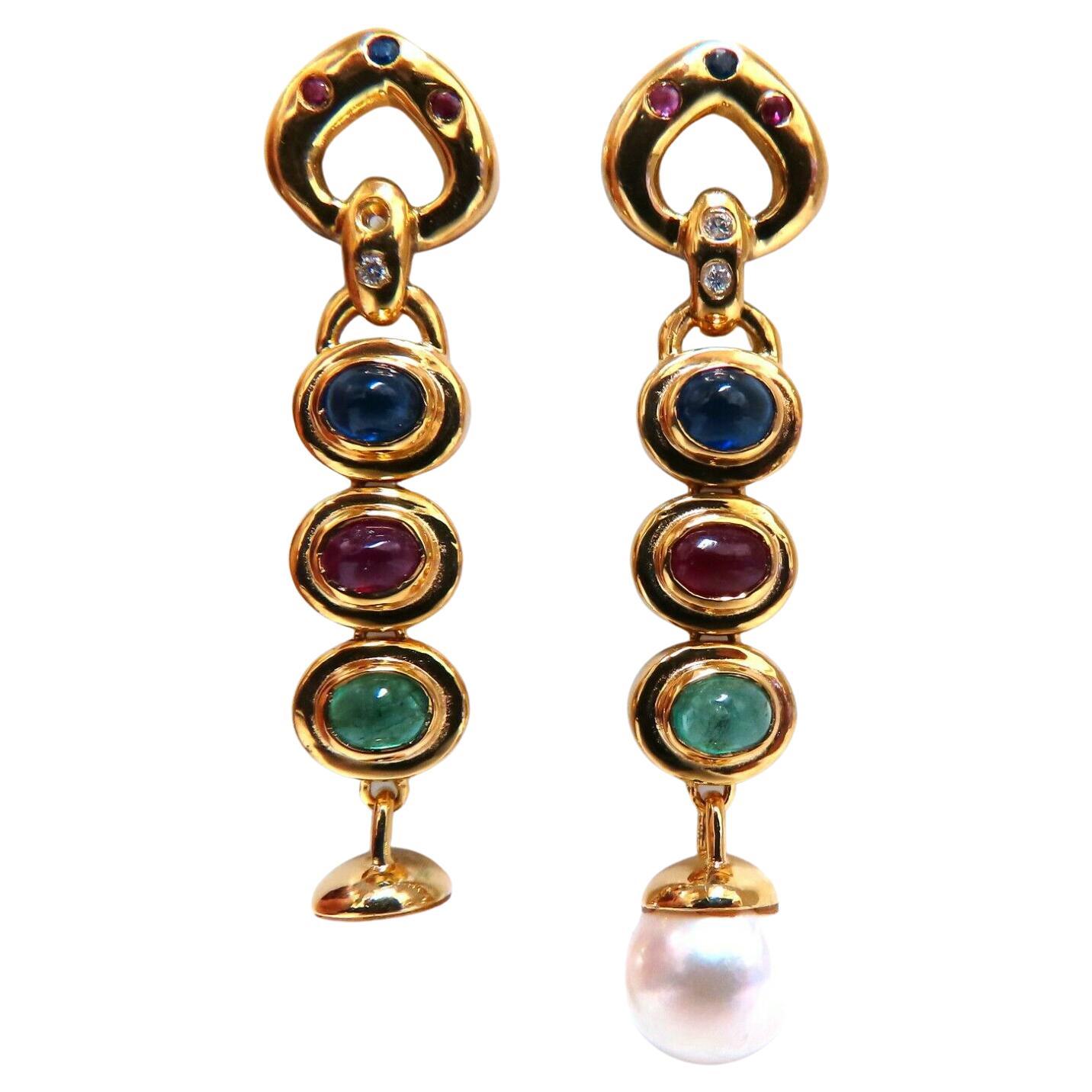 Pendants d'oreilles en or 14 carats avec rubis naturel, émeraude, saphir et perle de 3 carats en vente