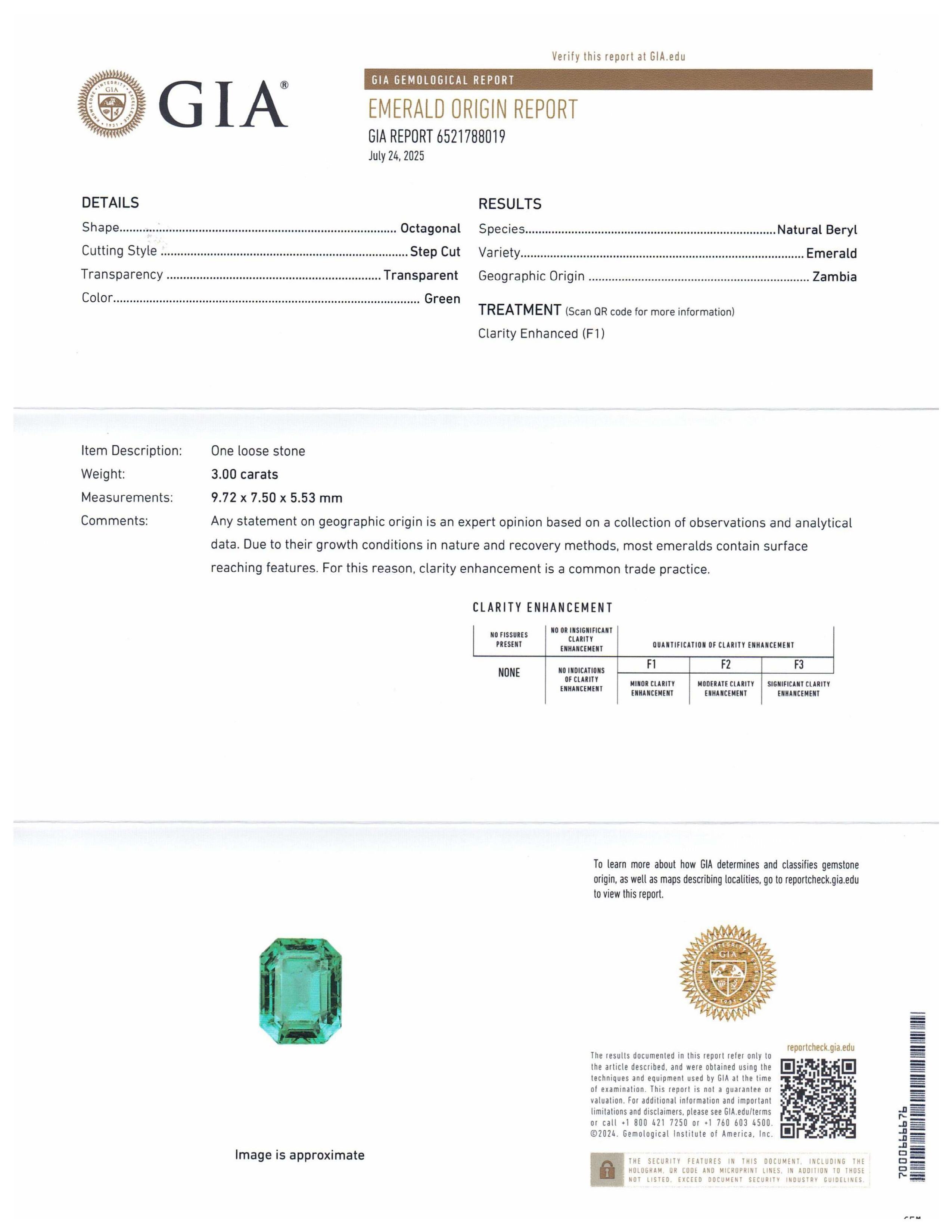 Il s'agit d'une superbe émeraude certifiée par la GIA. 


Le rapport de la GIA se lit comme suit :

Numéro de rapport GIA : 6521788019
Forme : Octogonale
Style de coupe : Coupe en escalier
Style de coupe : Couronne : 
Style de coupe : Pavillon : 
La