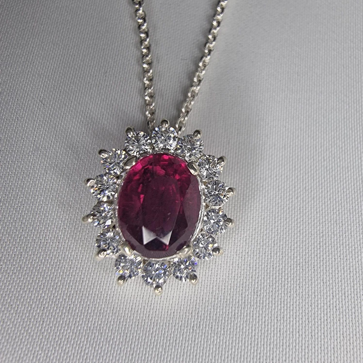 Contemporary 3ct Oval Cut Natural Deep Pink Tourmaline Pendant in Platinum Sterling Silver For Sale