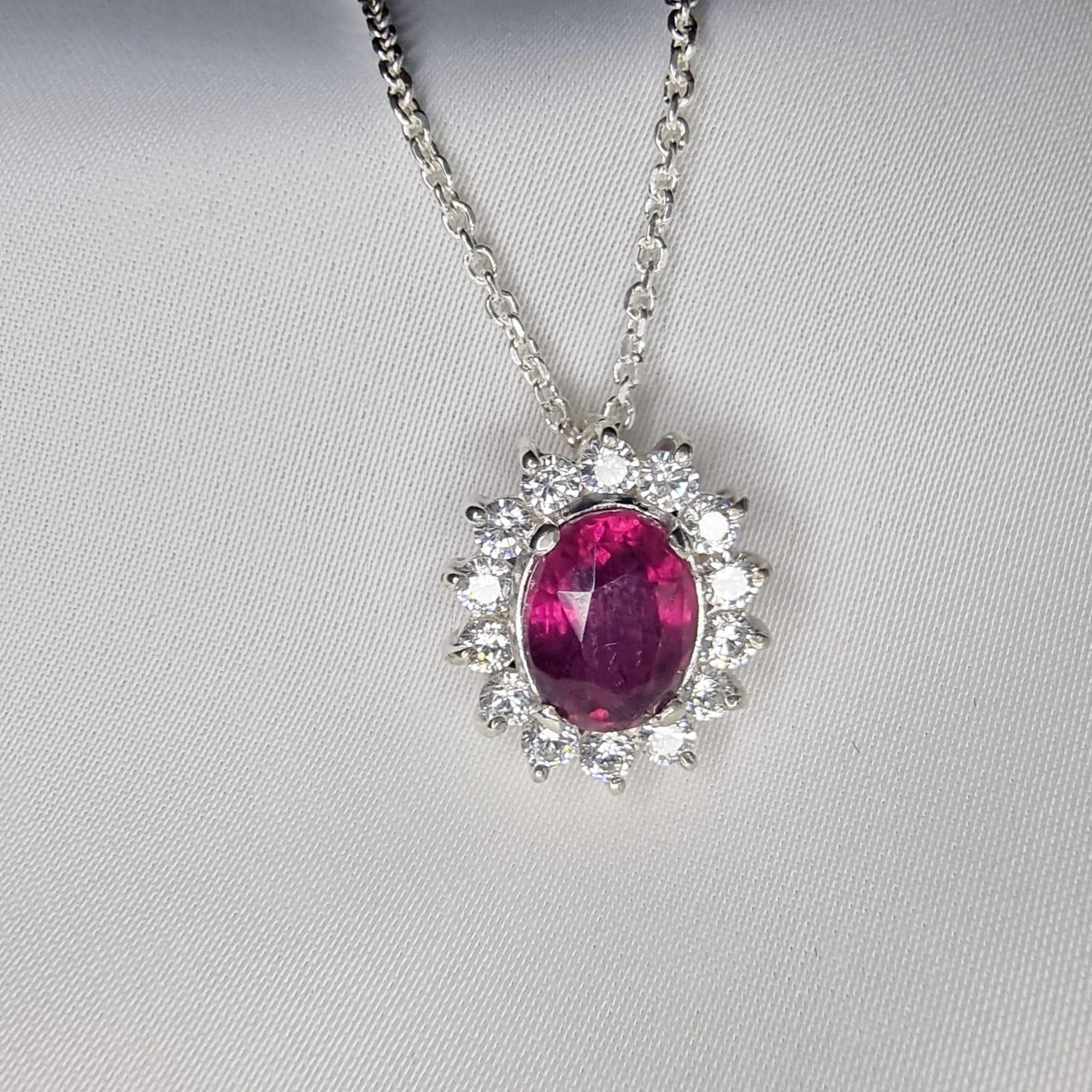 3ct Oval Cut Natural Deep Pink Tourmaline Pendant in Platinum Sterling Silver In New Condition For Sale In Lanham, MD