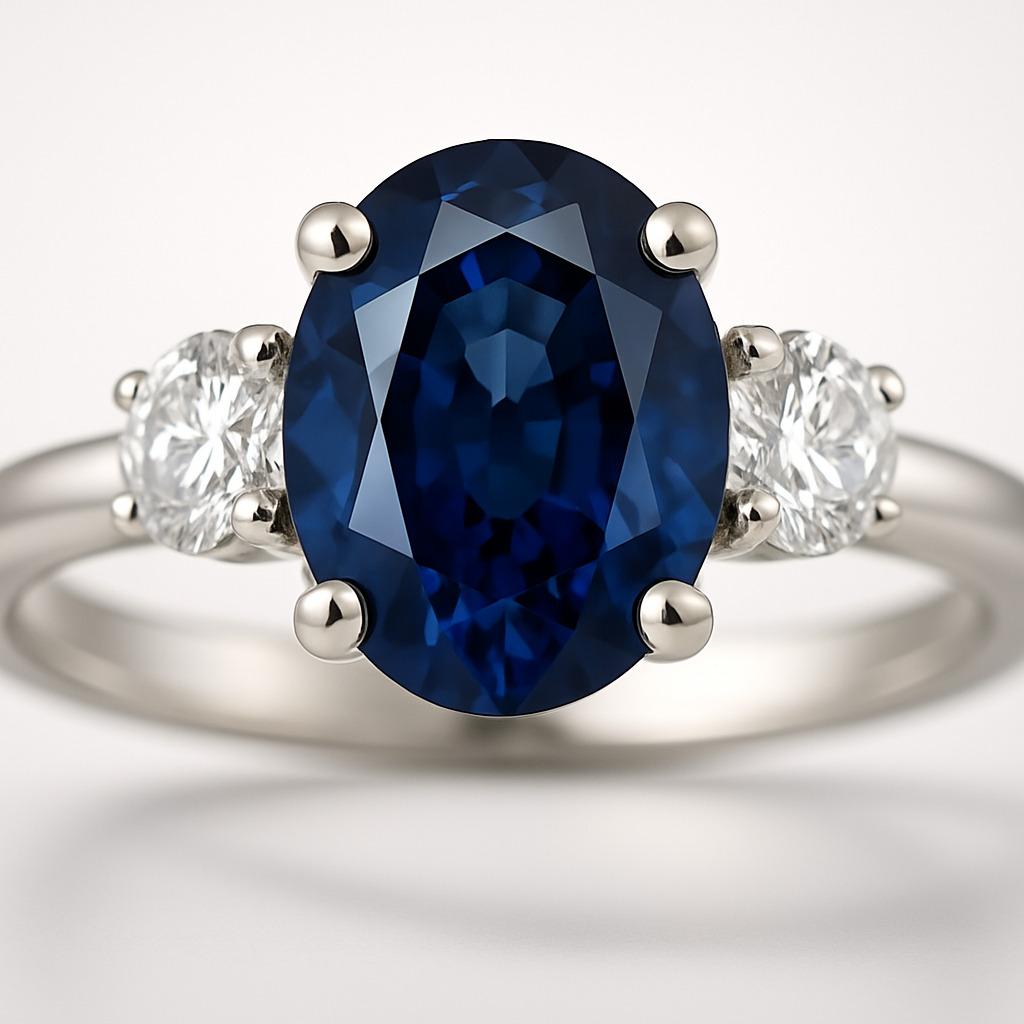 Oval Cut 3ct Oval Natural Blue Sapphire and Diamond 18k White Gold Ring For Sale