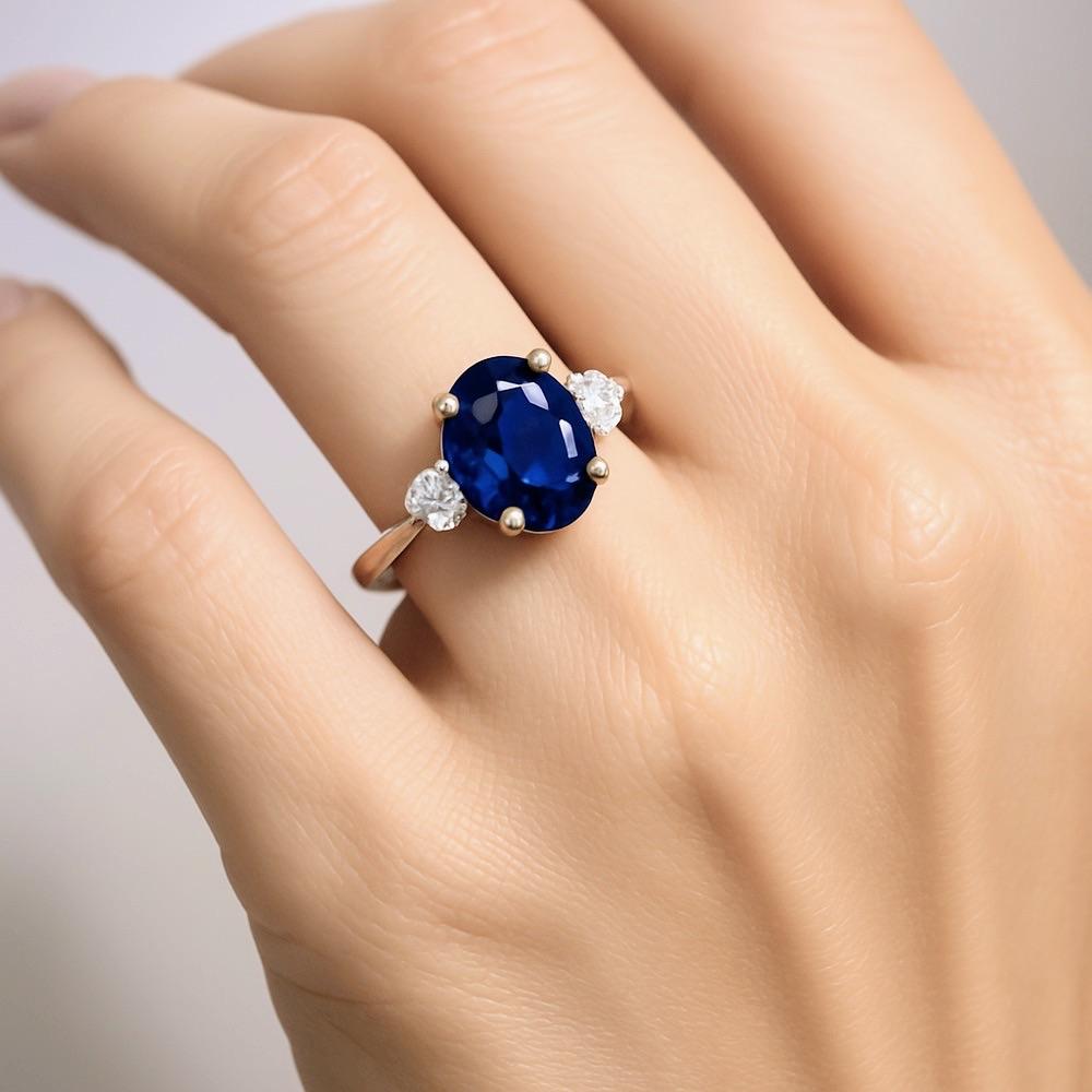 3ct Oval Natural Blue Sapphire and Diamond 18k White Gold Ring For Sale 9