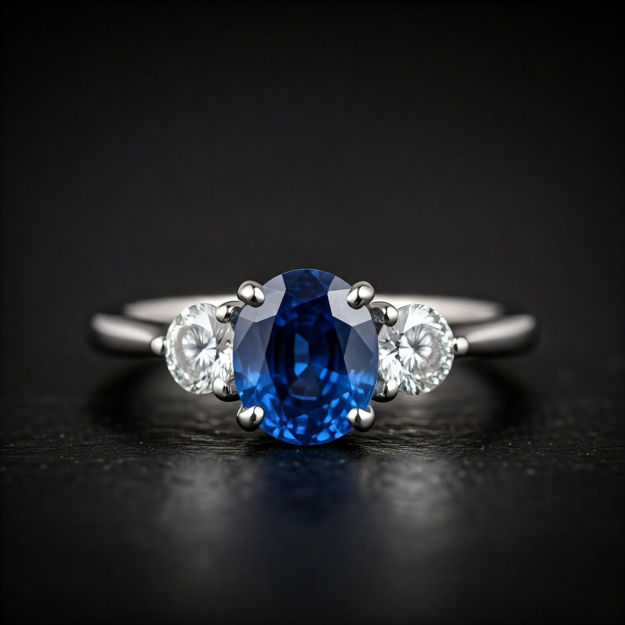 Women's 3ct Oval Natural Blue Sapphire and Diamond 18k White Gold Ring For Sale