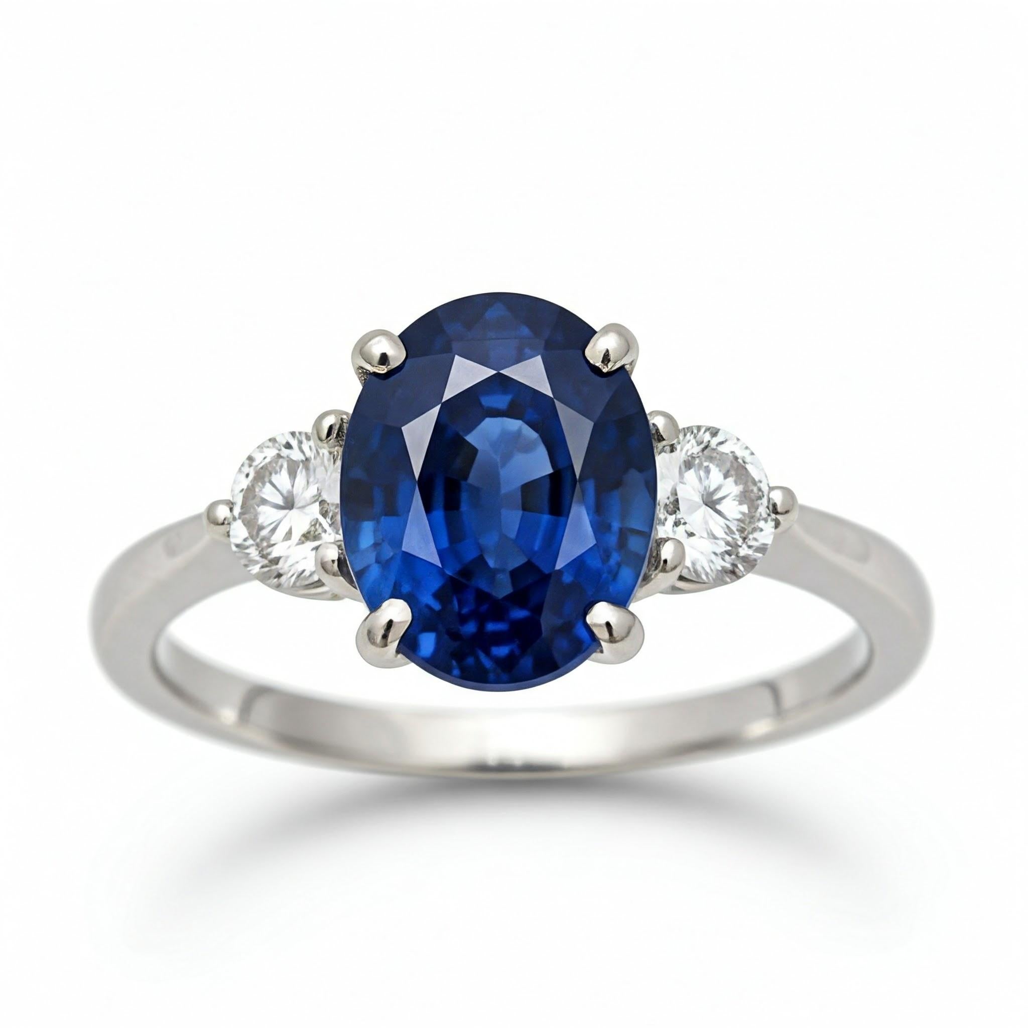 3ct Oval Natural Blue Sapphire and Diamond 18k White Gold Ring For Sale 1