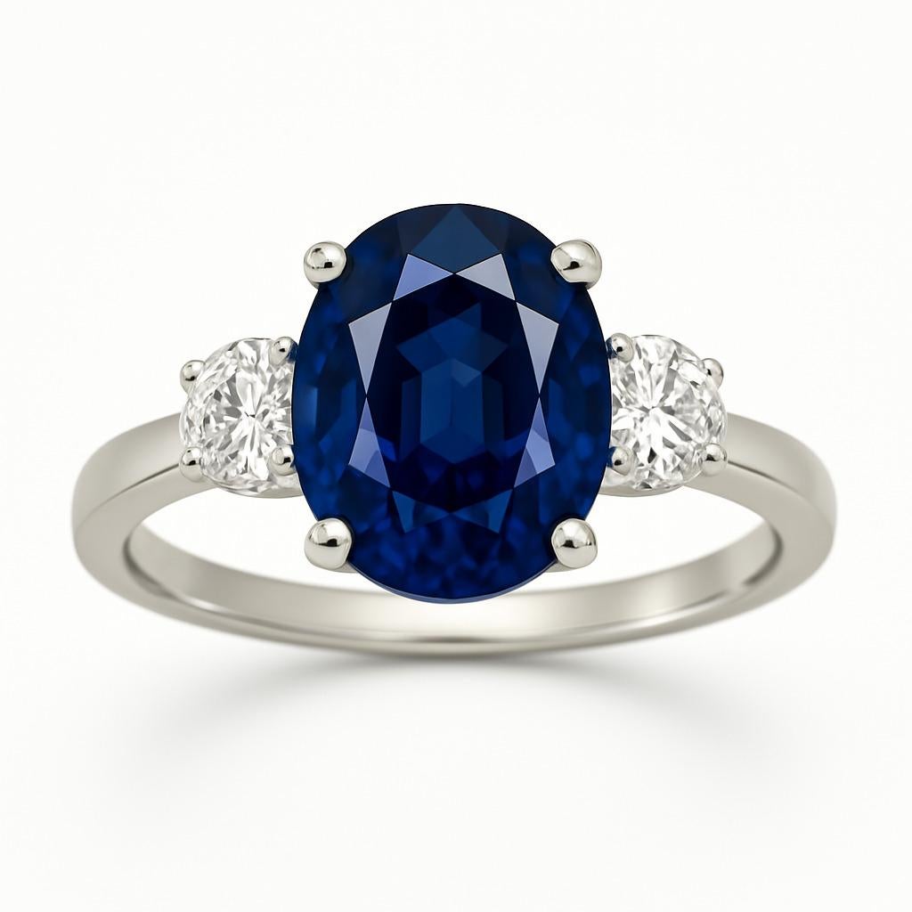 3ct Oval Natural Blue Sapphire and Diamond 18k White Gold Ring For Sale 5