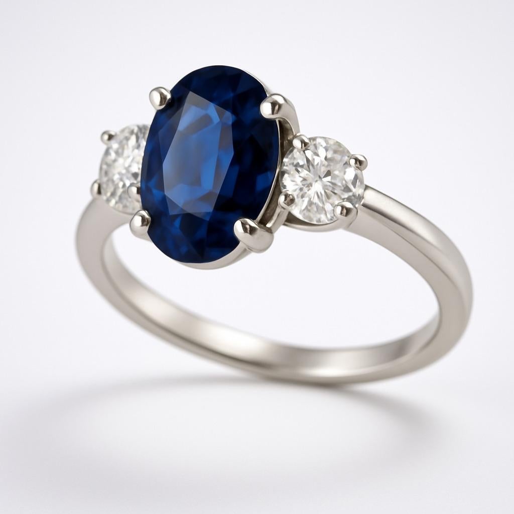 3ct Oval Natural Blue Sapphire and Diamond 18k White Gold Ring For Sale 6