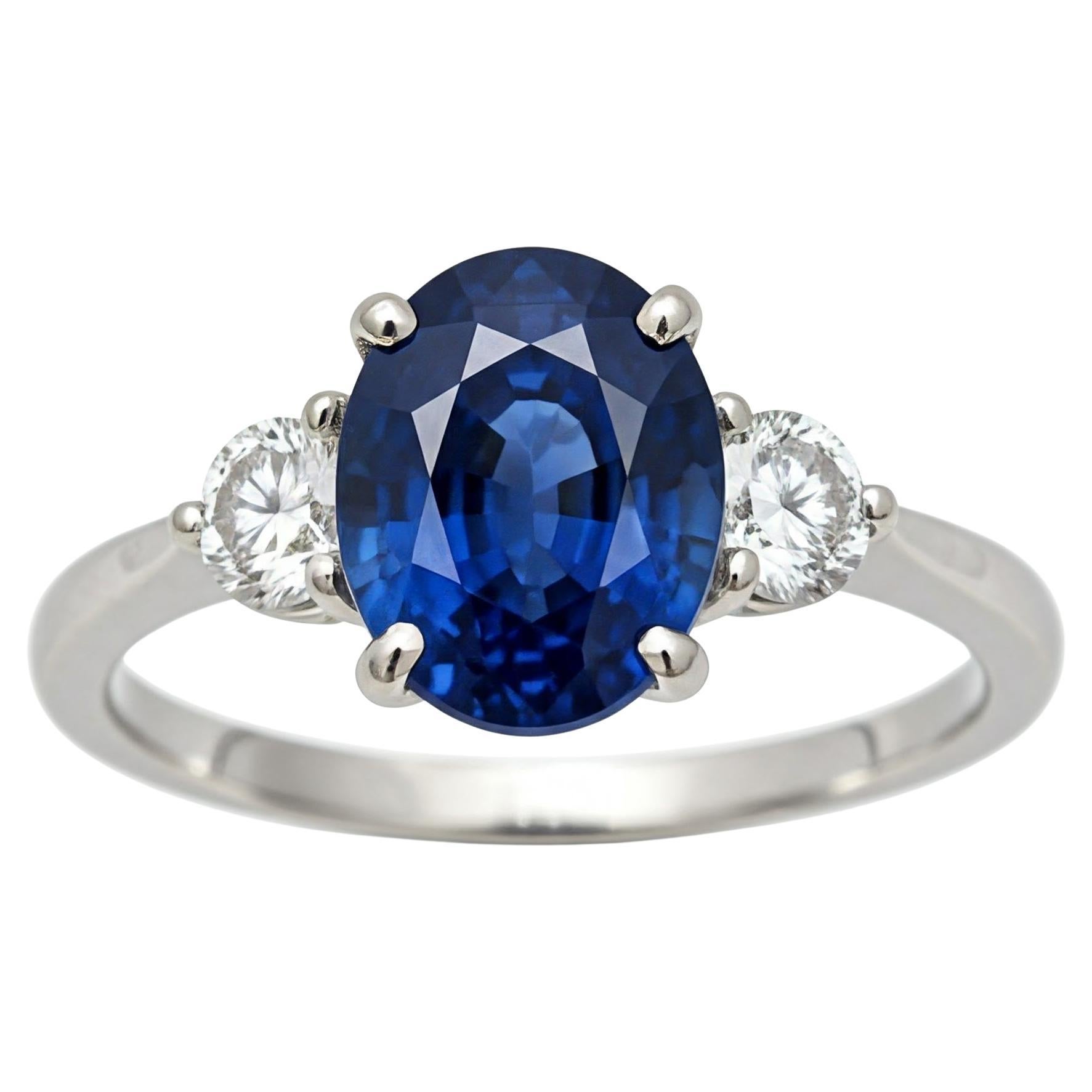 3ct Oval Natural Blue Sapphire and Diamond 18k White Gold Ring