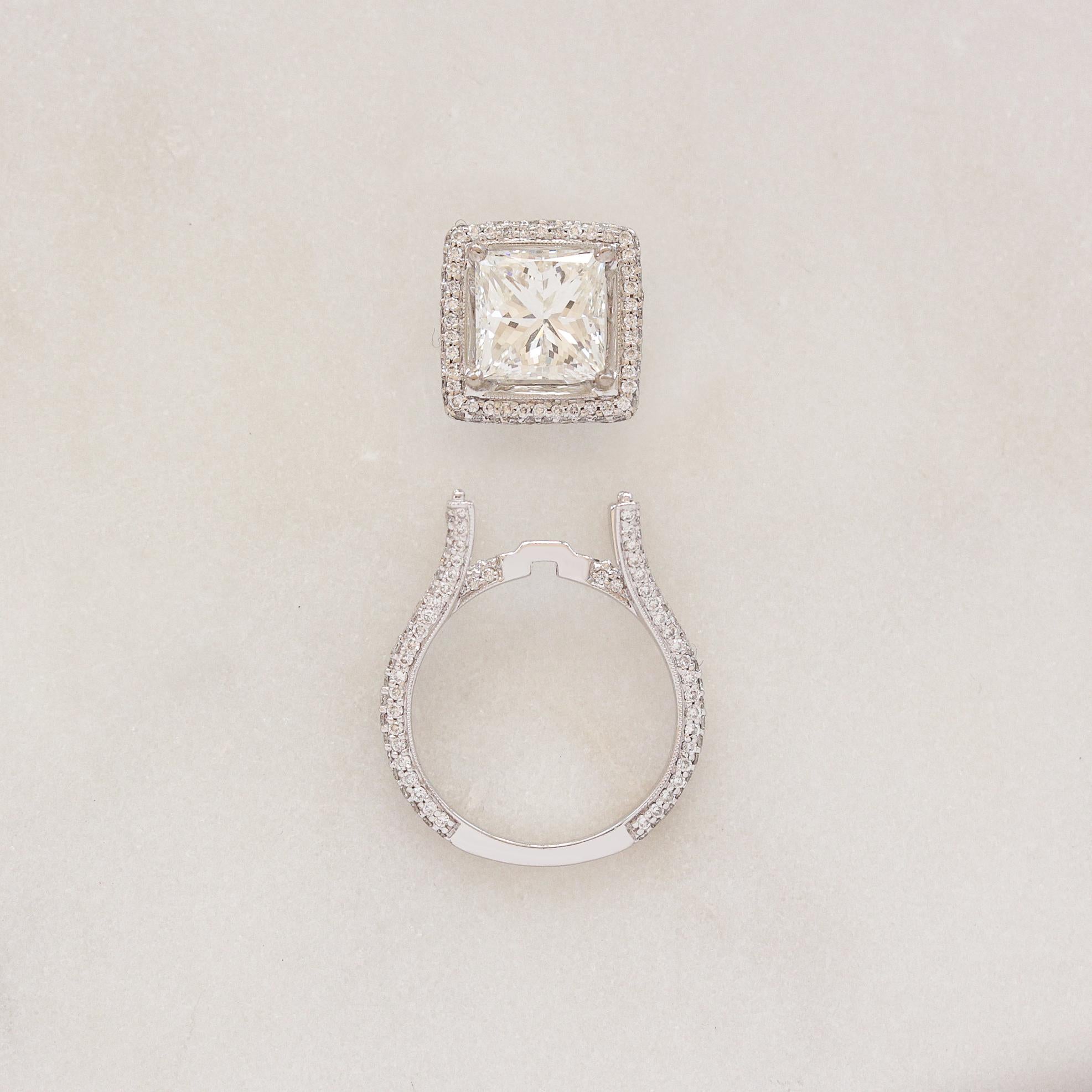For Sale:  3CT Princess Cut Diamond Pave Halo, engagement ring and pendant, GIA certified. 7