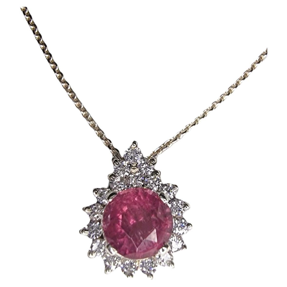 3ct Round Pink Natural Tourmaline Sterling Silver Pendant  For Sale