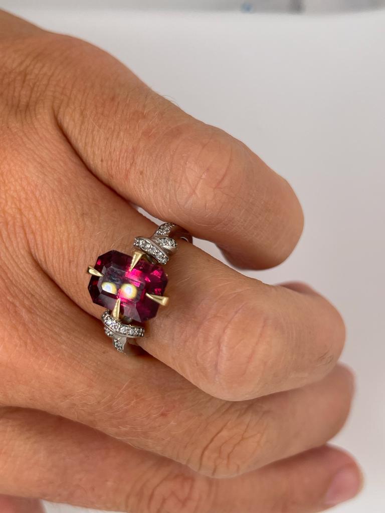 For Sale:  3 Carat Rubelite Emerald Cut Forget Me Knot with Diamonds in 18 Carat Gold  7