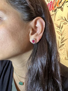 3ct Ruby Earrings w Natural Diamond Halo in 14K Dual Yellow and White Gold