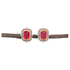 3ct Ruby Earrings w Natural Diamond Halo in 14K Dual Yellow and White Gold