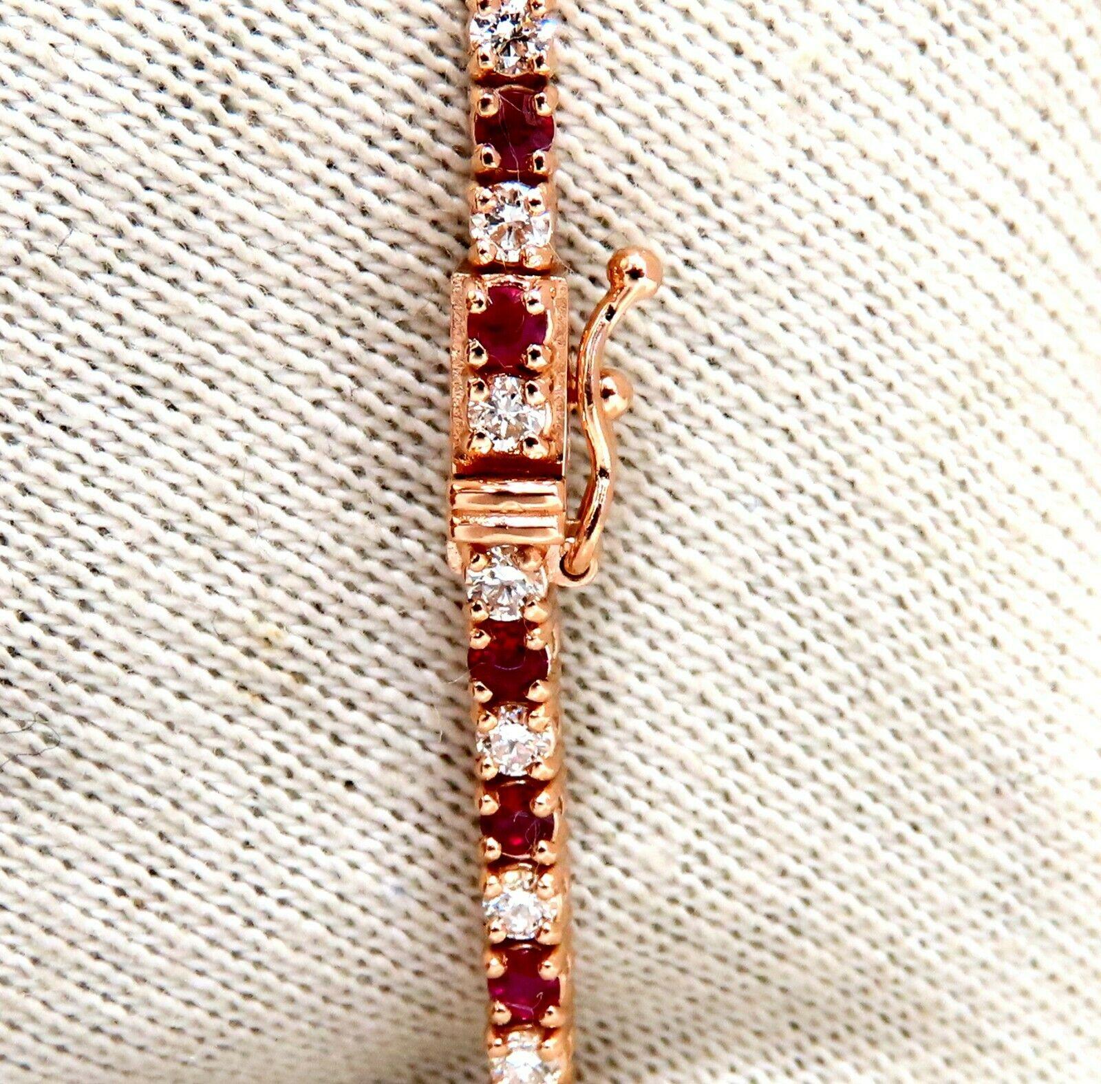 Ruby & Classic Alternating Tennis.

1.65ct. Natural ruby bracelet.

Rounds, full cuts 

Clean clarity

Transparent & Vivid Reds.

Average 1.5mm each

1.35ct Natural Diamonds

Rounds & full cuts

Vs-2 clarity G-color

14kt. pink gold 

14.1 Grams.

7