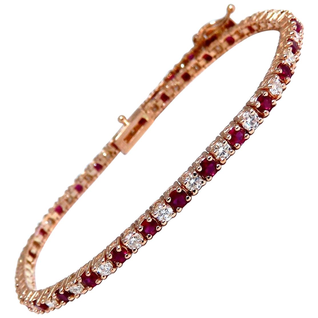 3 Carat Vivid Red Natural Ruby Diamonds Alternating Tennis Bracelet 14 Karat