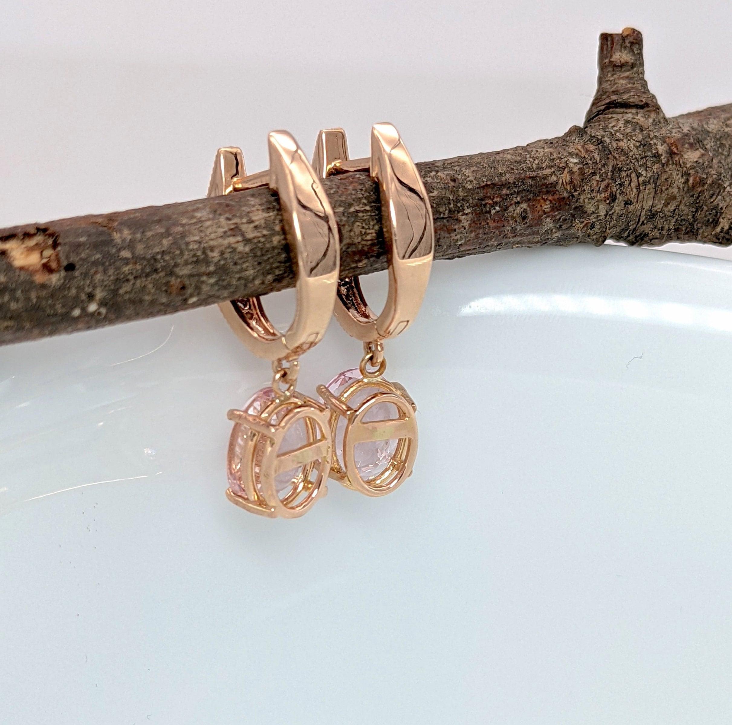 Modernist 3cts Morganite Earrings w Diamond Accents in Solid 14k Rose Gold Oval 9x7mm For Sale