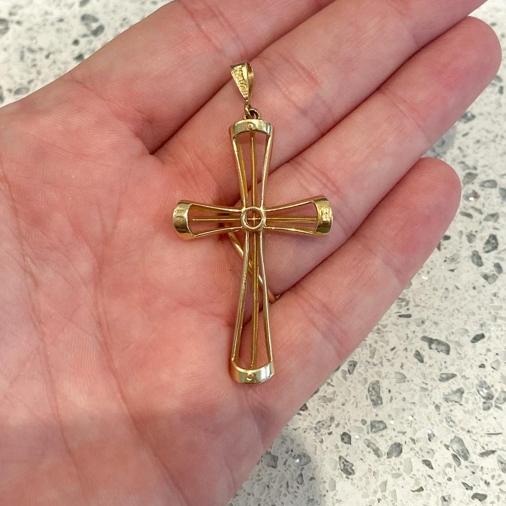 Contemporary 3D Cross Pendant in 14K Yellow Gold 2 Inches Long For Sale