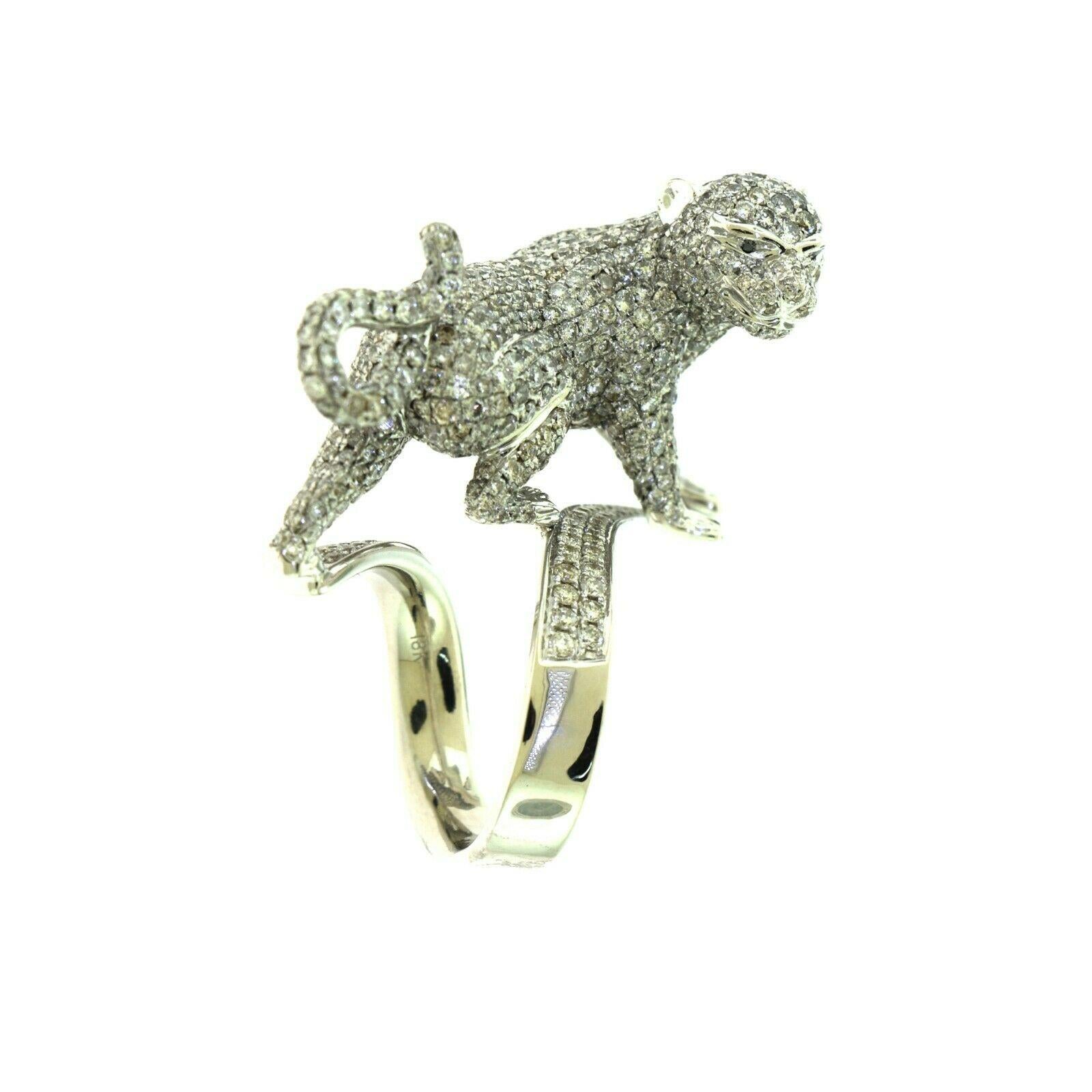 3D Diamond Paved Large Panther Sapphire Eyes Ring White Gold Ring 1