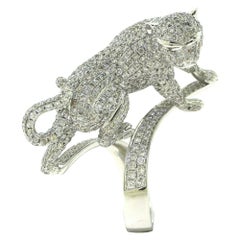 3D Diamond Paved Large Panther Sapphire Eyes Ring White Gold Ring