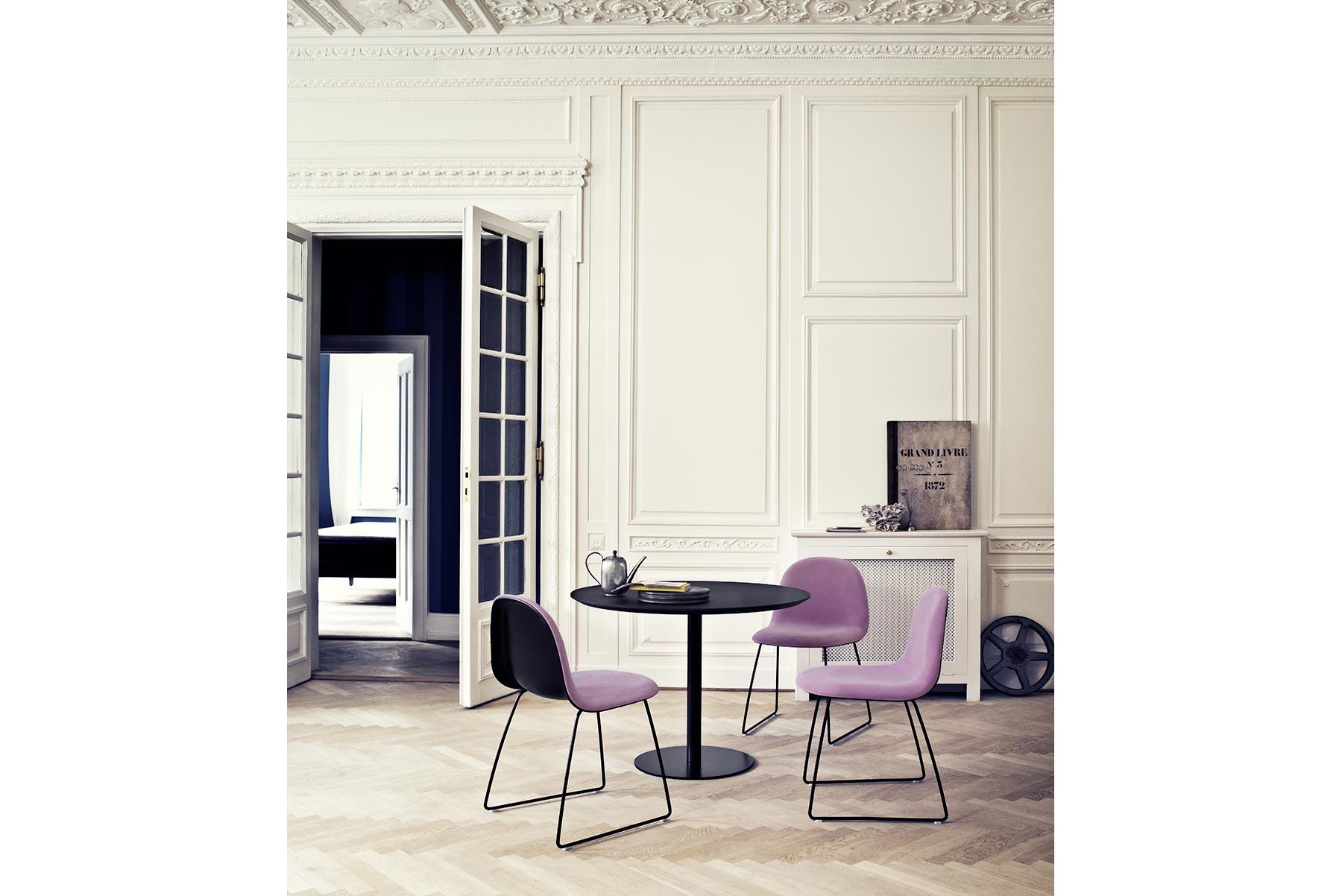 Mid-Century Modern 3D Dining Chair, Fully Upholstered, Sledge Base, Matte Black For Sale