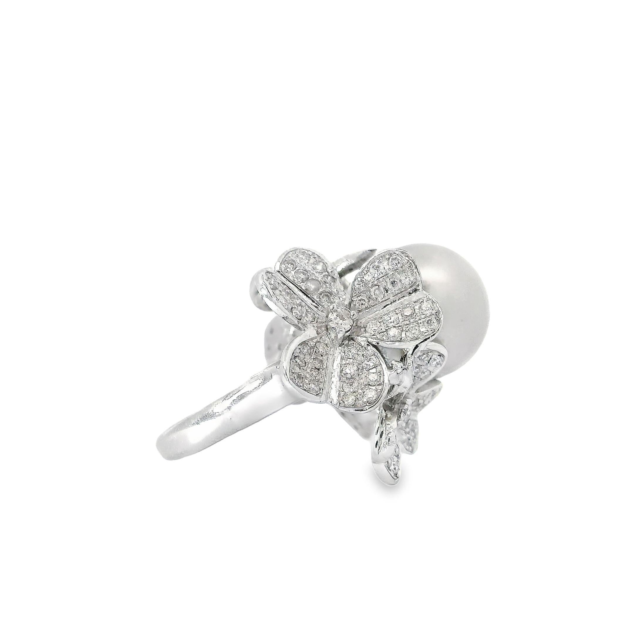 Round Cut 3D Flower and Ribbon Diamond Pavé Ring with Silver White South Sea Pearl For Sale
