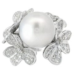 3D Flower and Ribbon Diamond Pavé Ring with Silver White South Sea Pearl