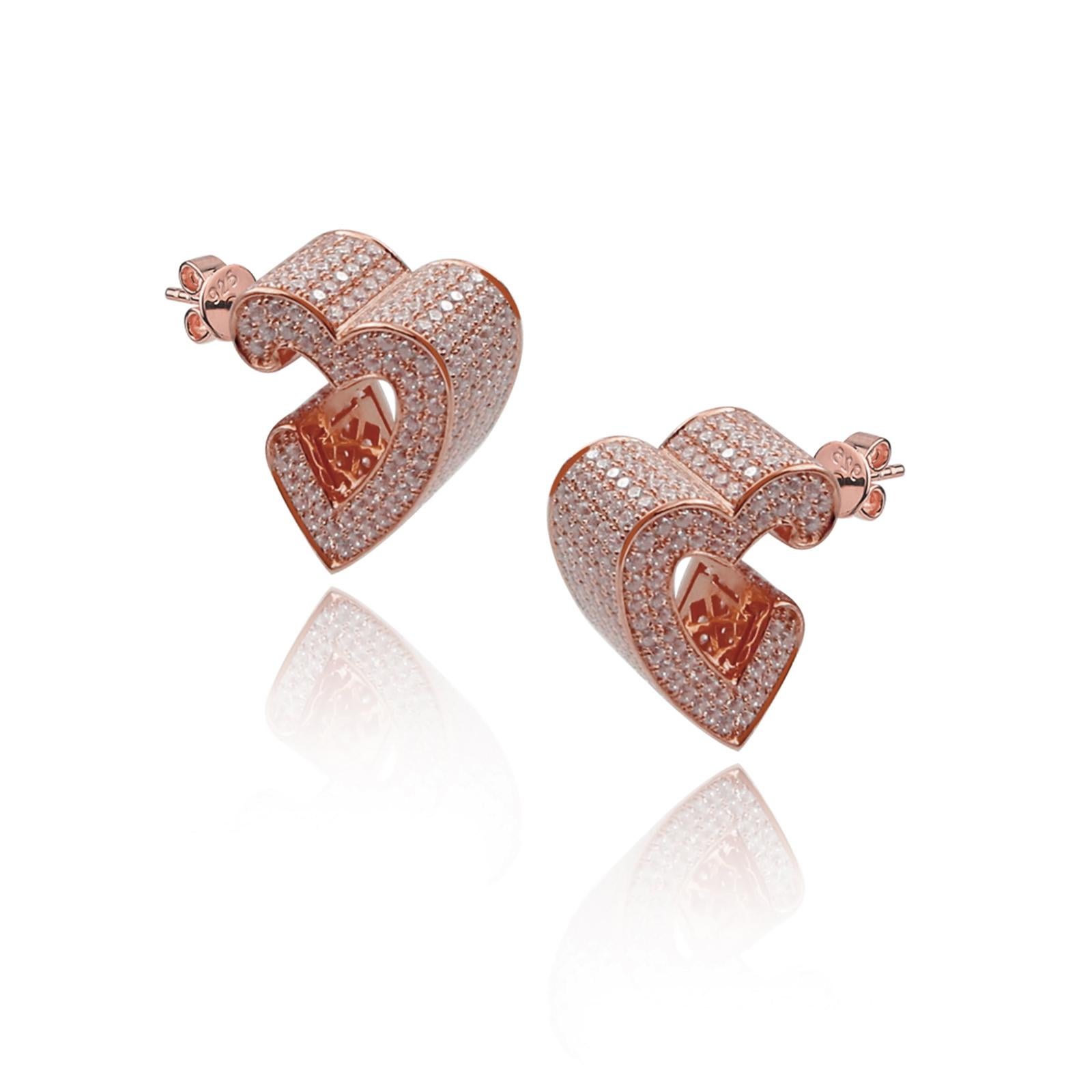 Modern 3D Heart Pave Earrings For Sale