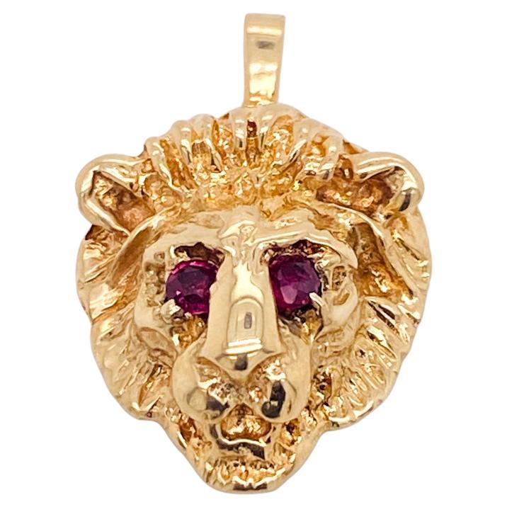 3D Lion Pendant with Ruby Eyes in 14 Karat Yellow Gold, Wild Animal Charm For Sale