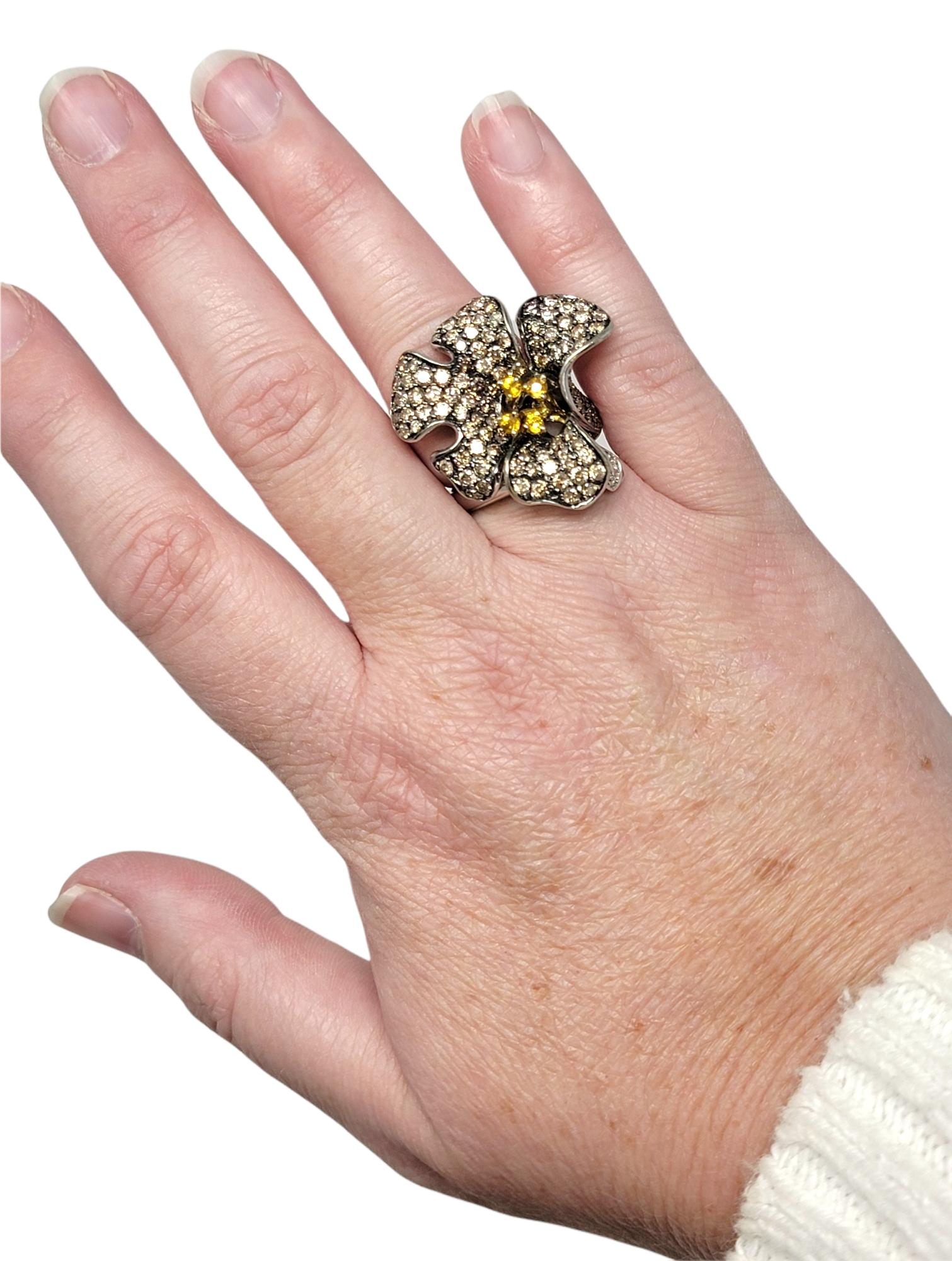 3D Pave Diamond Orchid Flower Ring with Orange Sapphire Accents in White Gold For Sale 7