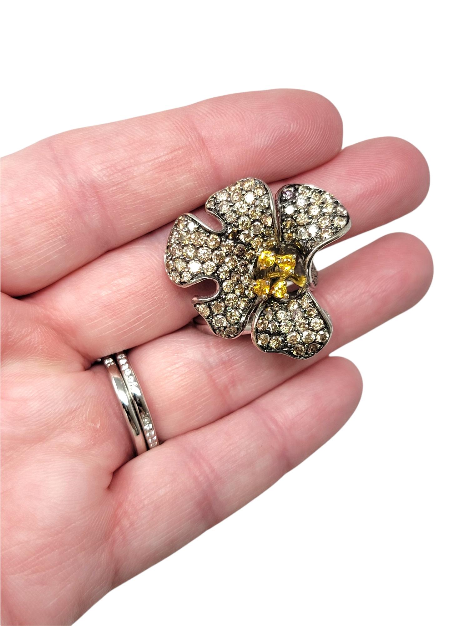 3D Pave Diamond Orchid Flower Ring with Orange Sapphire Accents in White Gold For Sale 8