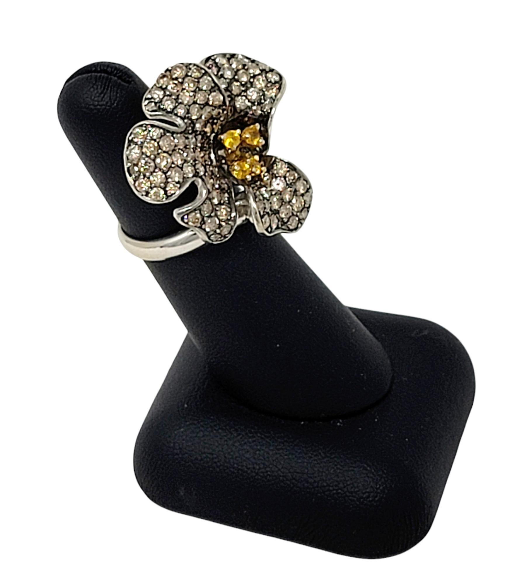 3D Pave Diamond Orchid Flower Ring with Orange Sapphire Accents in White Gold For Sale 10