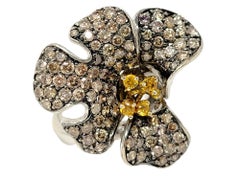 3D Pave Diamond Orchid Flower Ring with Orange Sapphire Accents in White Gold