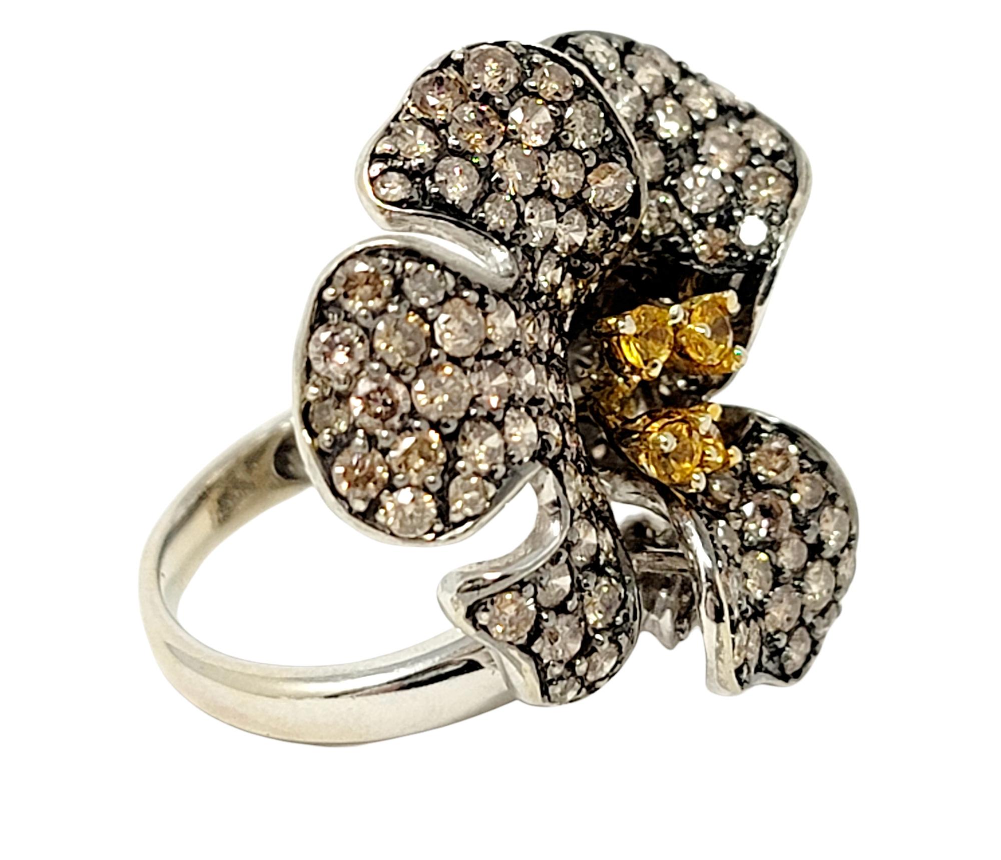 Round Cut 3D Pave Diamond Orchid Flower Ring with Orange Sapphire Accents in White Gold For Sale