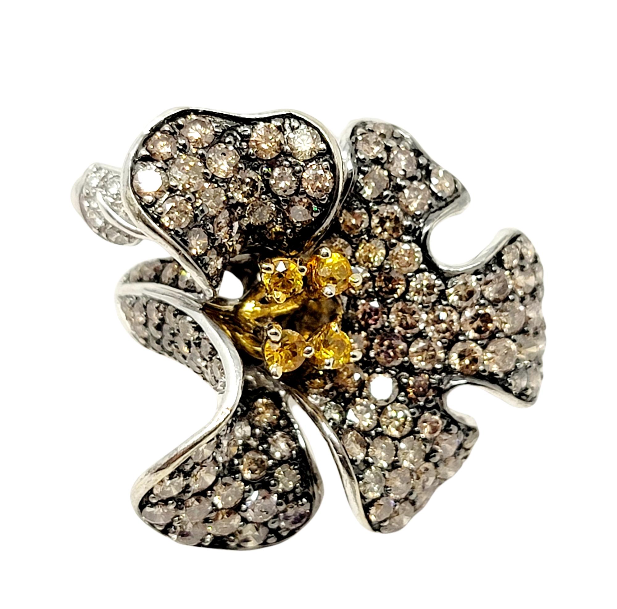 3D Pave Diamond Orchid Flower Ring with Orange Sapphire Accents in White Gold In Good Condition For Sale In Scottsdale, AZ