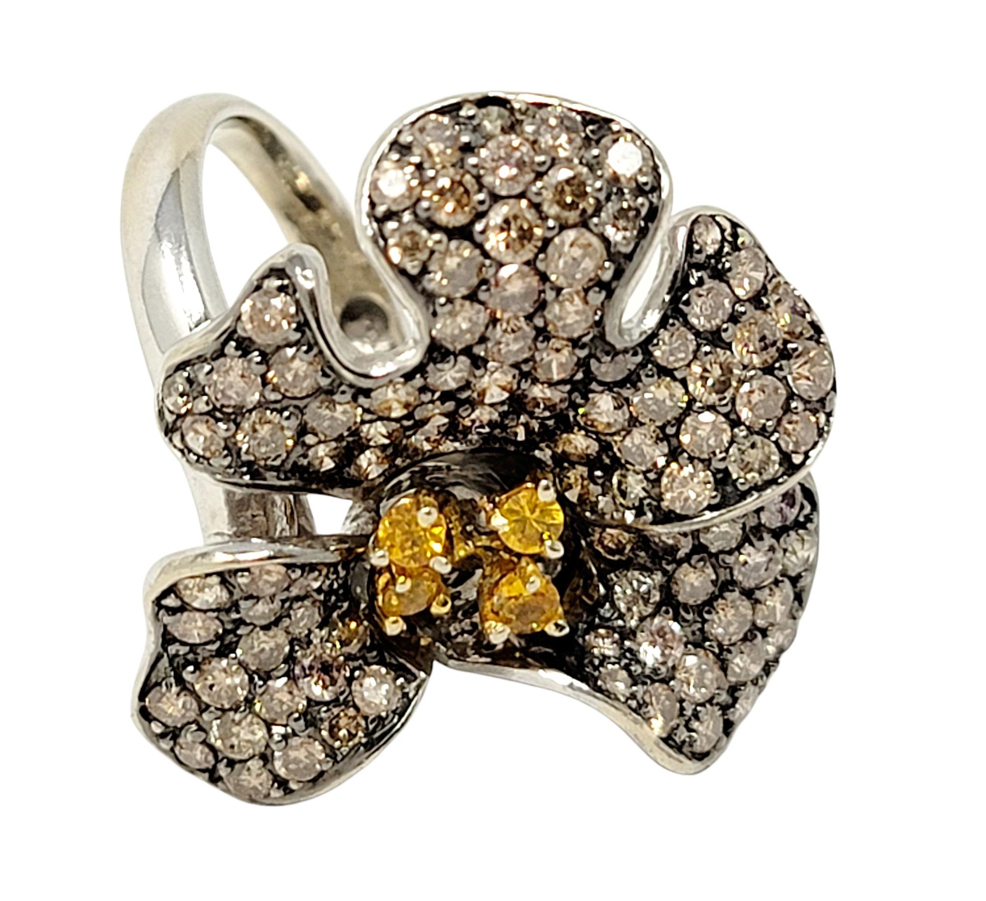 3D Pave Diamond Orchid Flower Ring with Orange Sapphire Accents in White Gold For Sale 1