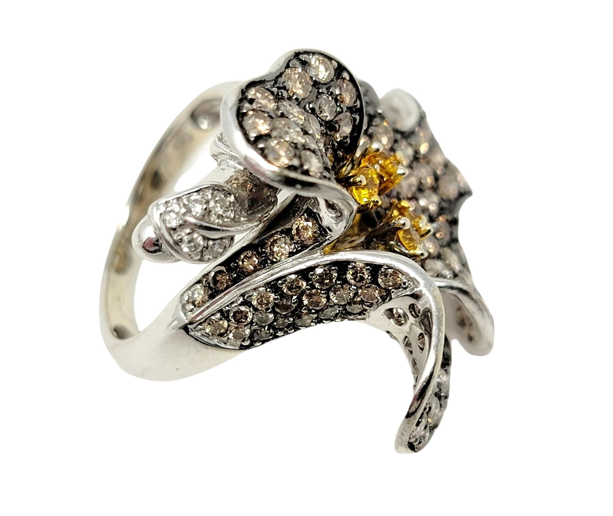 3D Pave Diamond Orchid Flower Ring with Orange Sapphire Accents in White Gold For Sale 2