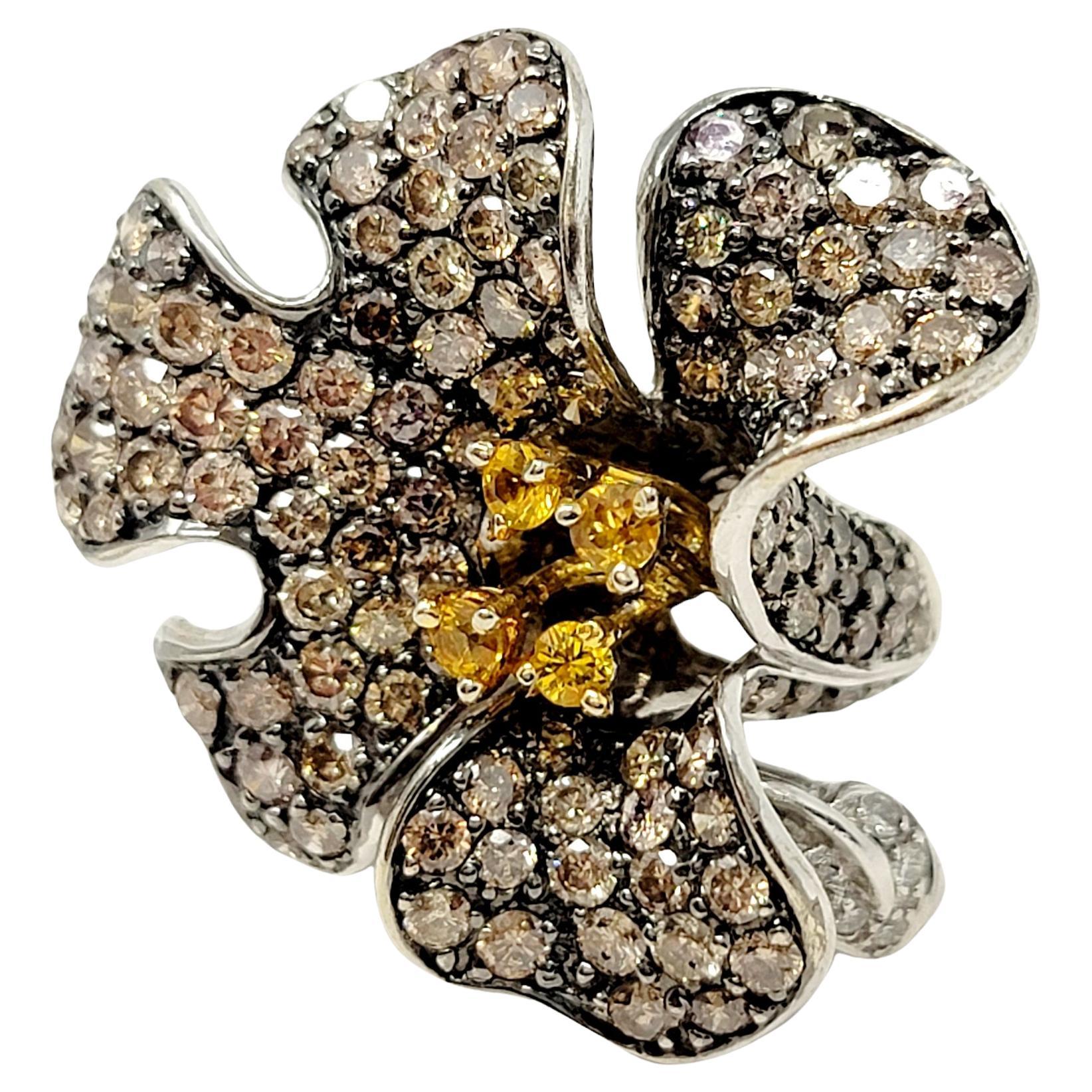 3D Pave Diamond Orchid Flower Ring with Orange Sapphire Accents in White Gold