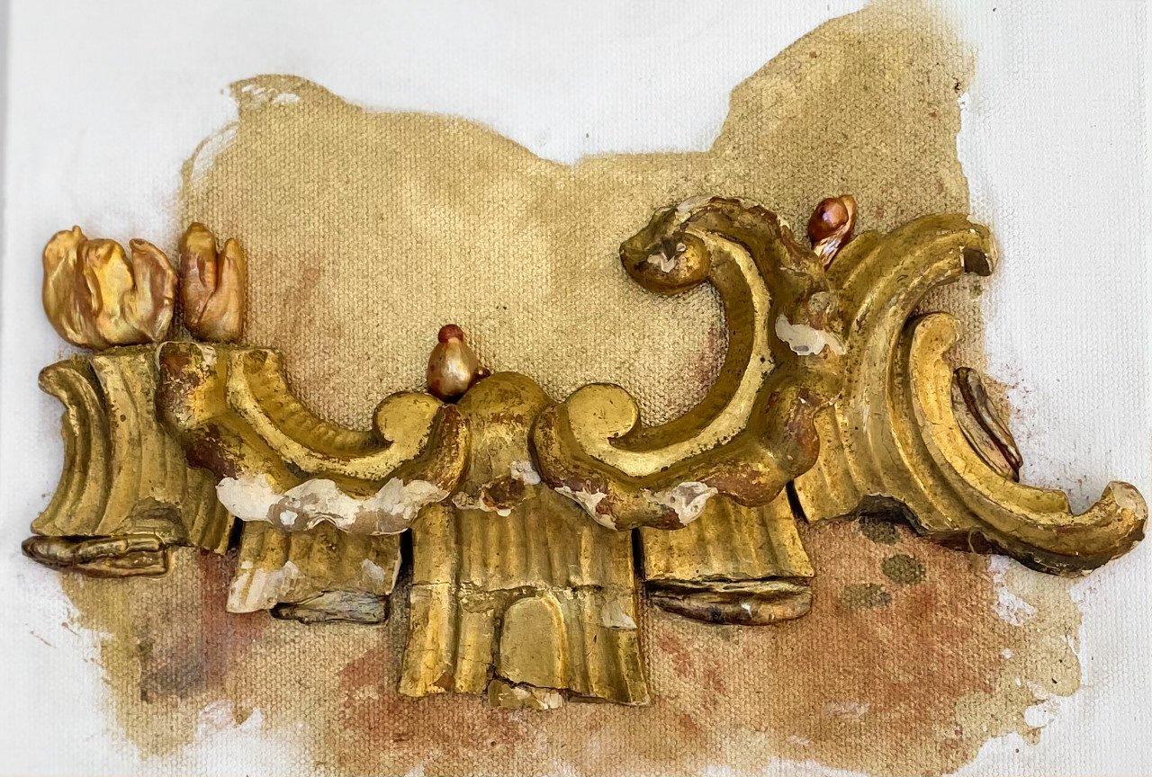 18th century Italian fragment with baroque pearls on a hand painted gallery 1-inch canvas. The canvas is distressed with gold and metallic red powders used by restorers in Italy. The powders coordinate with the fragment piece and baroque pearls. The