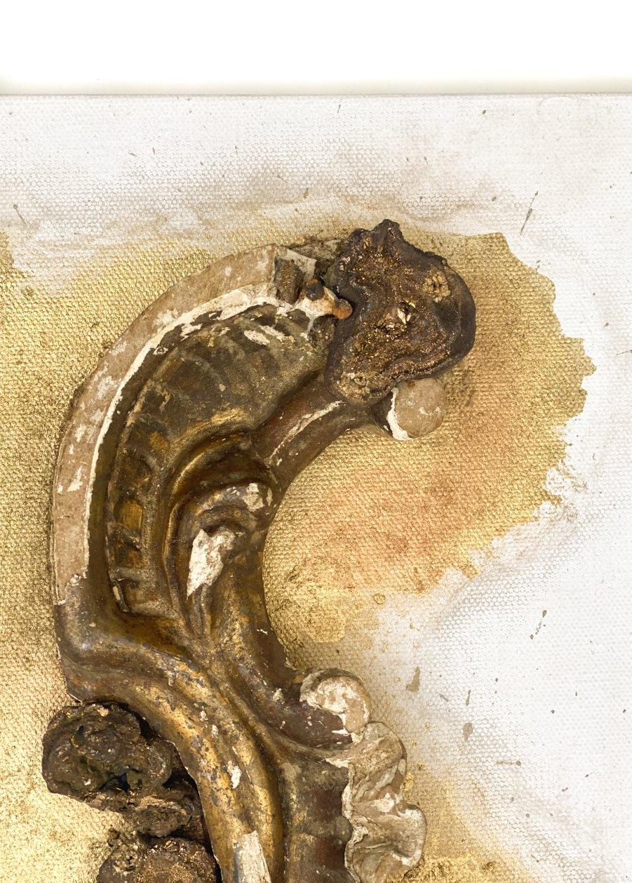 18th century Italian scroll fragment with chalcedony rosettes on a hand painted gallery 1-inch canvas. The canvas is distressed with gold powders used by restorers in Italy. The powders coordinate with the chalcedony rosettes and fragment piece. The