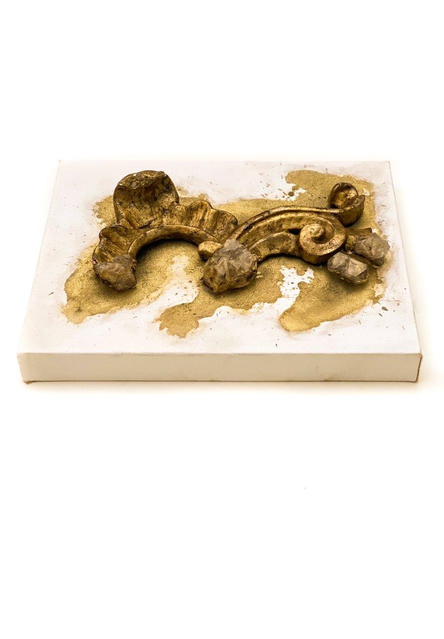 Hand-Carved 3D Powdered Canvas with an 18th Century Italian Fragment and Elestial Quartz For Sale