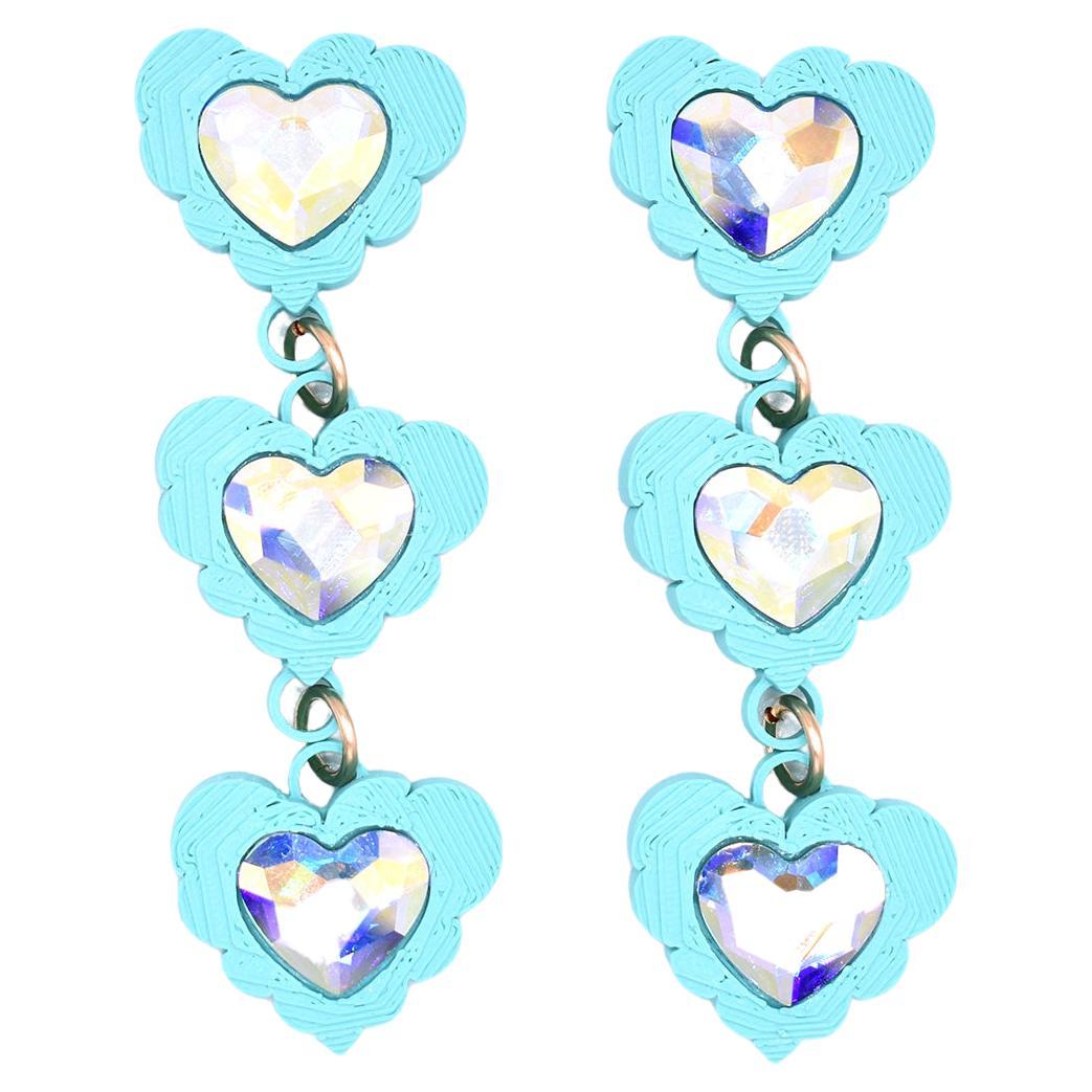 3d Printed Crystal Heart Fantasy Love Earrings - Blue For Sale