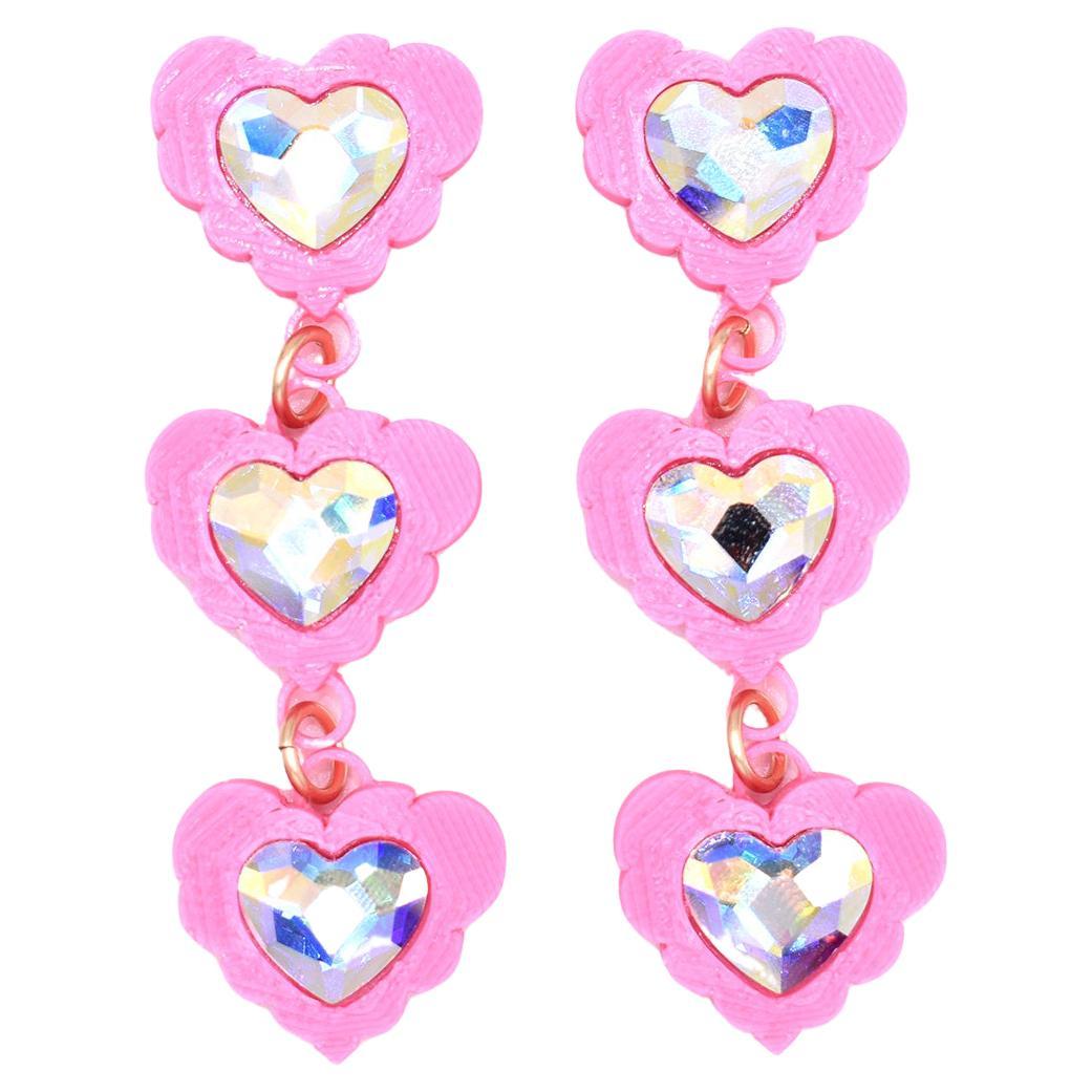 3d Printed Crystal Heart Fantasy Love Earrings, Pink For Sale