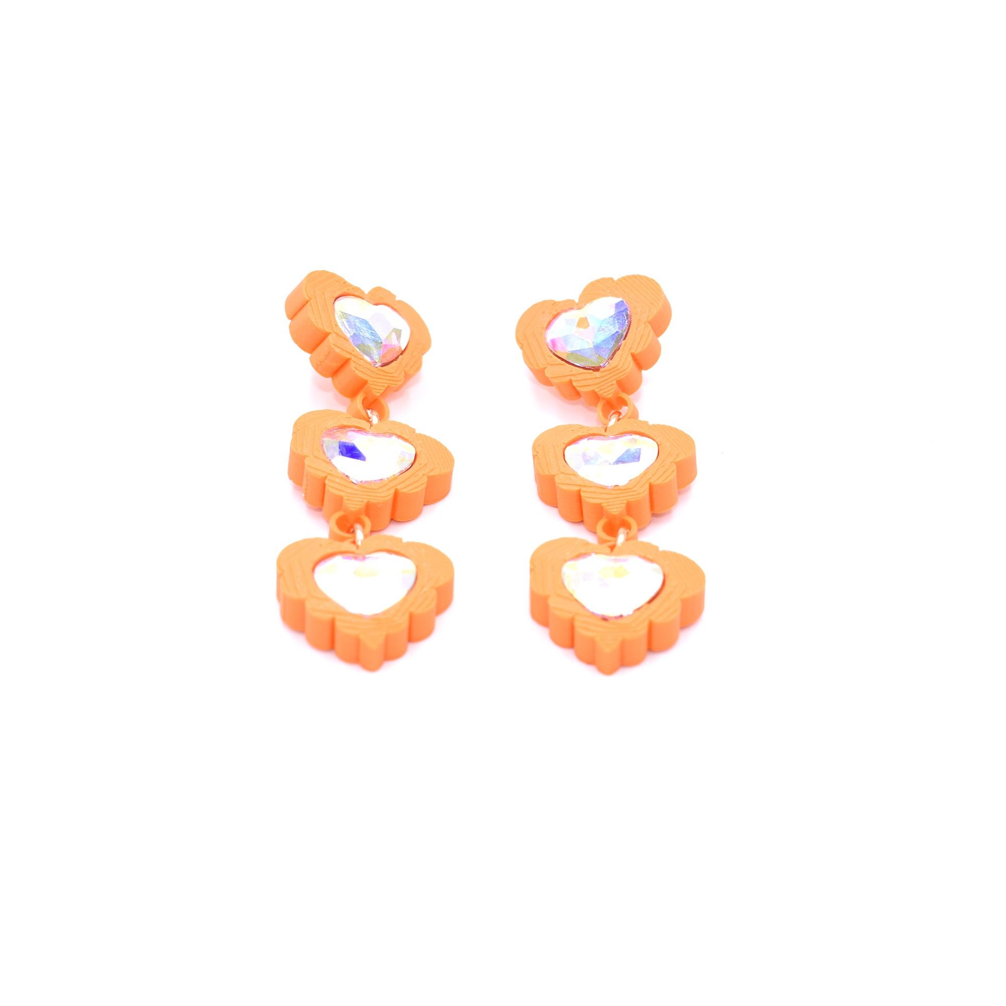 Modern 3d Printed Crystal Heart Fantasy Love Earrings, Tangerine For Sale