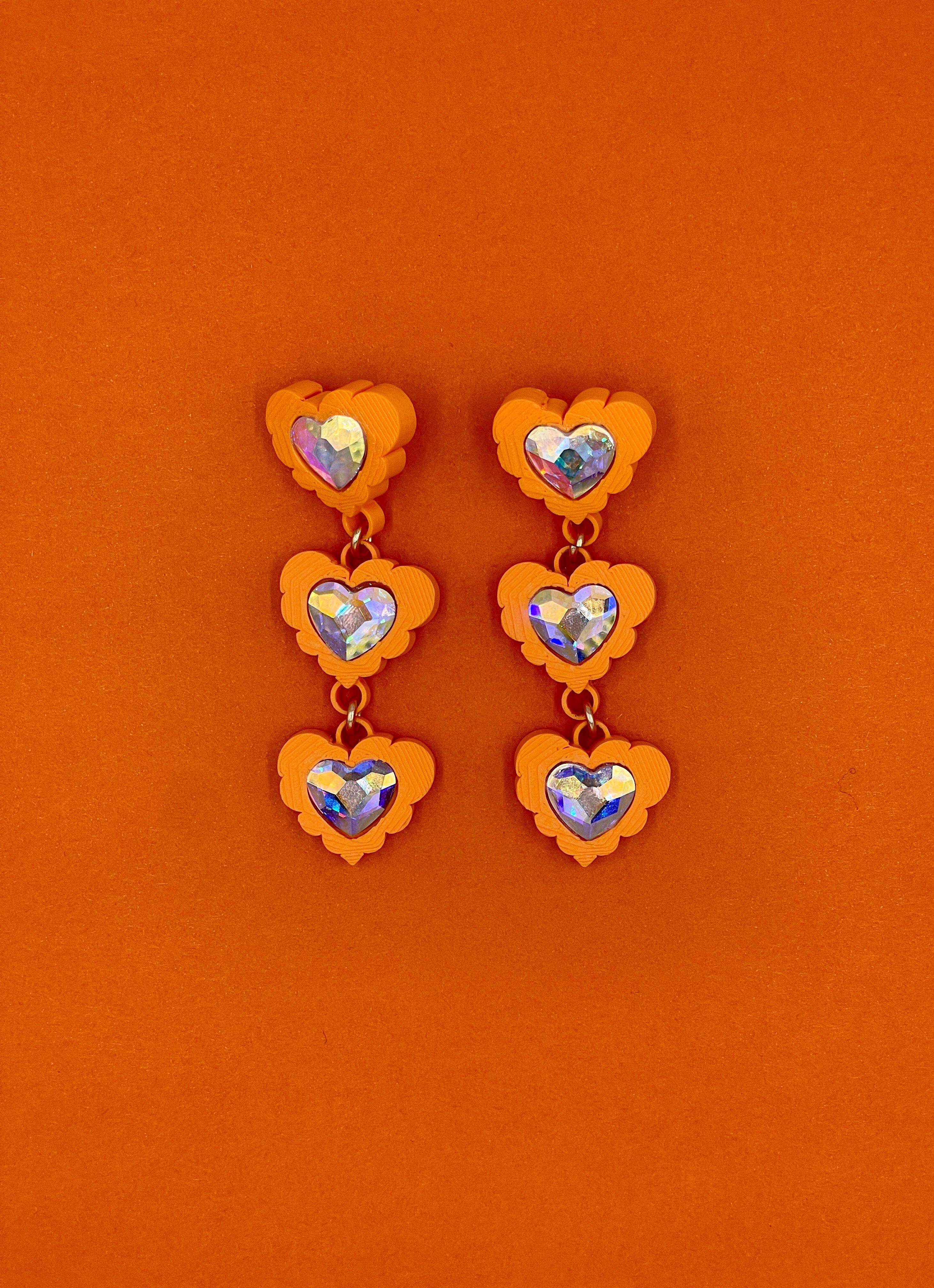 Heart Cut 3d Printed Crystal Heart Fantasy Love Earrings, Tangerine For Sale