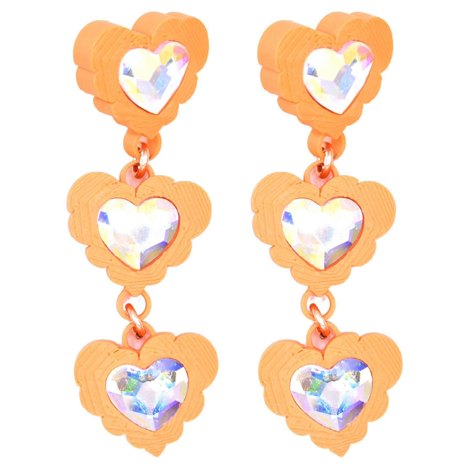 3d Printed Crystal Heart Fantasy Love Earrings, Tangerine For Sale