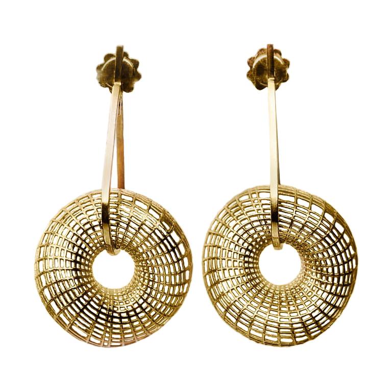 14 Karat Unique Large Twisted Torus Dangle Gold Contemporary Earrings. For Sale